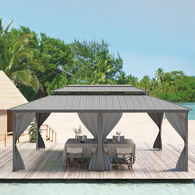 Pavillon de jardin rigide - pavillon de jardin extérieur 12 pi x 20 pi avec double toit en métal et cadre en aluminium avec rideaux et filet pour patio, terrasse et cour arrière gris
