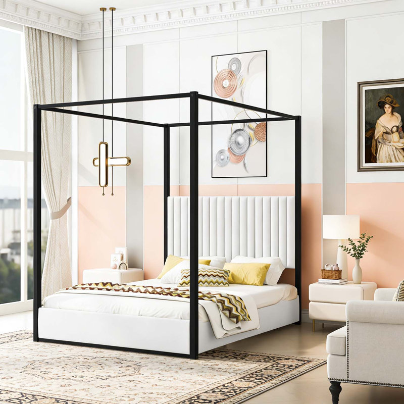Lit plateforme à baldaquin Upholstery, parfait pour les chambres modernes et élégantes, Noir et blanc, Grand lit