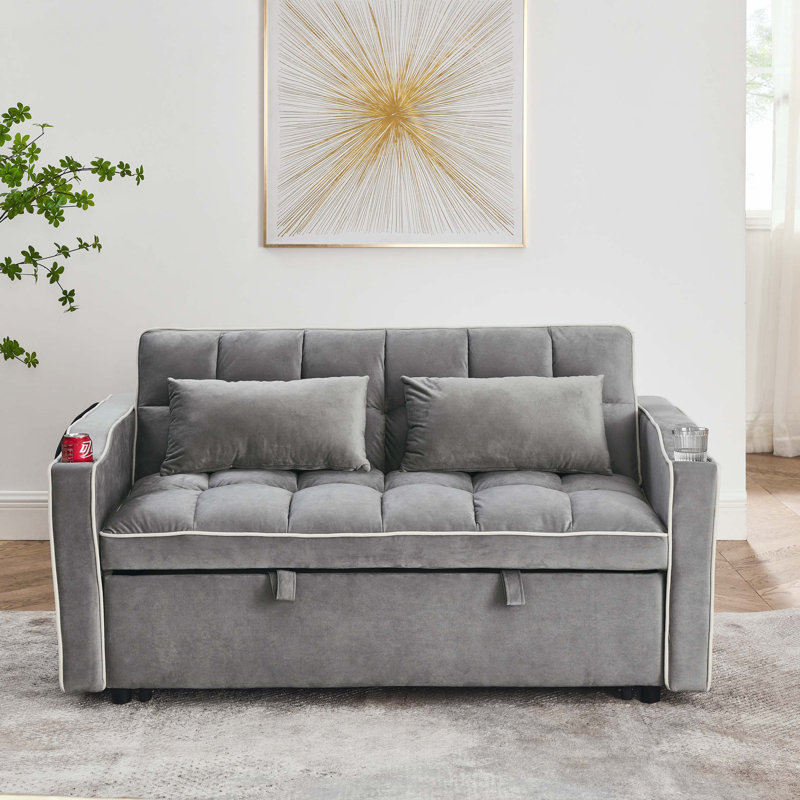 Velvet Pull-out Sleeper Sofa Bed, Adjustable Back and with USB Pport, swivel phone stand, Gray