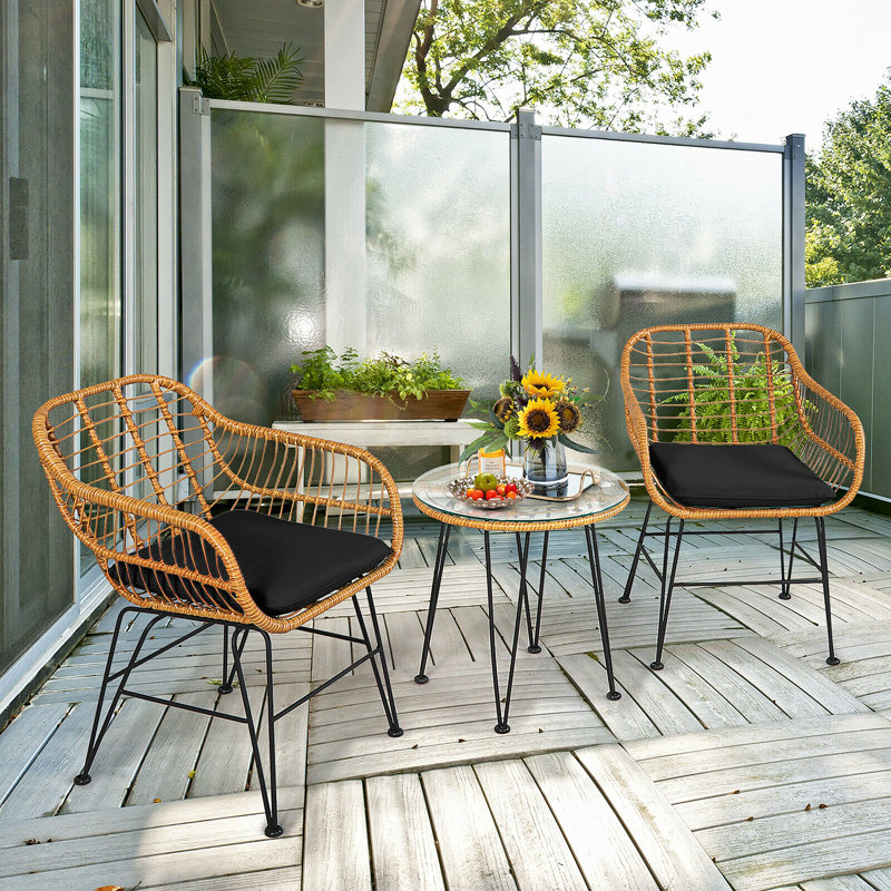 Brookley 2 - Person Wicker Patio Dining Set with Round Table , Cushions Included, Claybank, Black