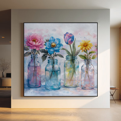 Très grand art mural imprimé sur tissu - Bouteilles florales bleues colorées - Décoration de chambre à coucher - "Assemblage requis (cadre non fini)"