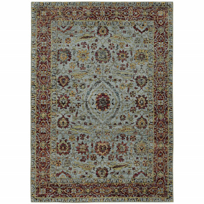 Tapis oriental bleu 3 pi x 5 pi résistant aux taches tissé à la machine bleu, rouge, vert et or