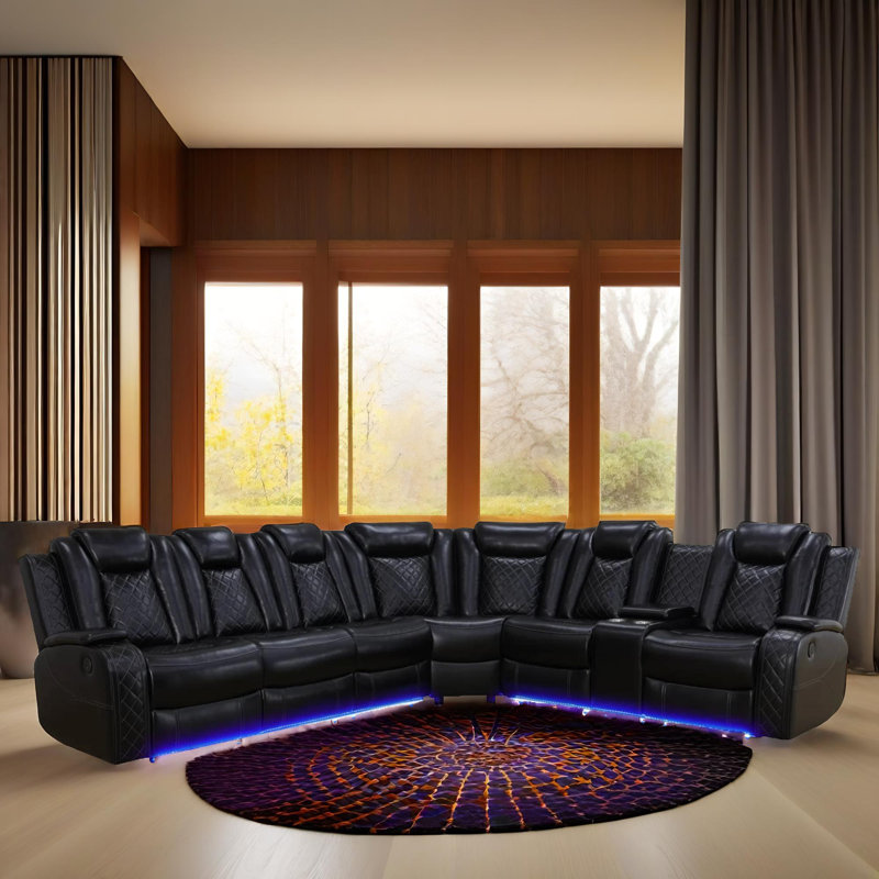 Aspen Black  Vegan Leather Sectioanal Living Room Sofa Set With Cup-Holders ,Wireless Charging And LED Lights