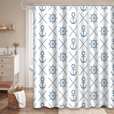 Waterproof Striped Anchor Sea Wallpaper Nautical Navy Shower Curtain with 12 Hooks
