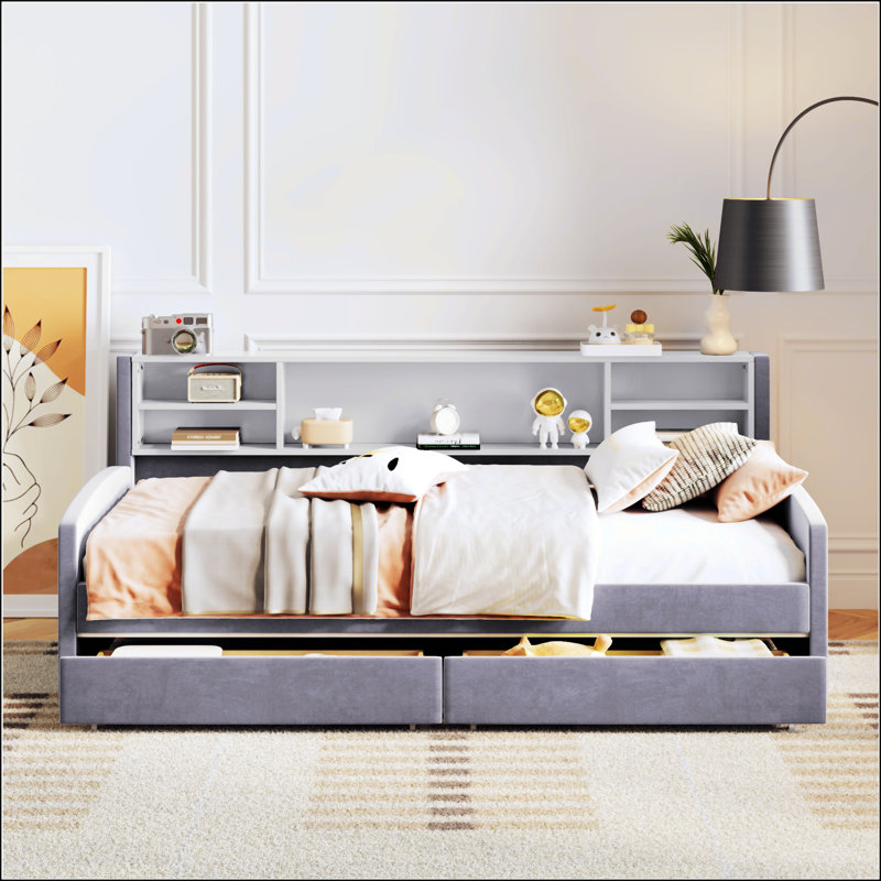 Lit plateforme simple tapissier avec rangement et tiroirs, gris