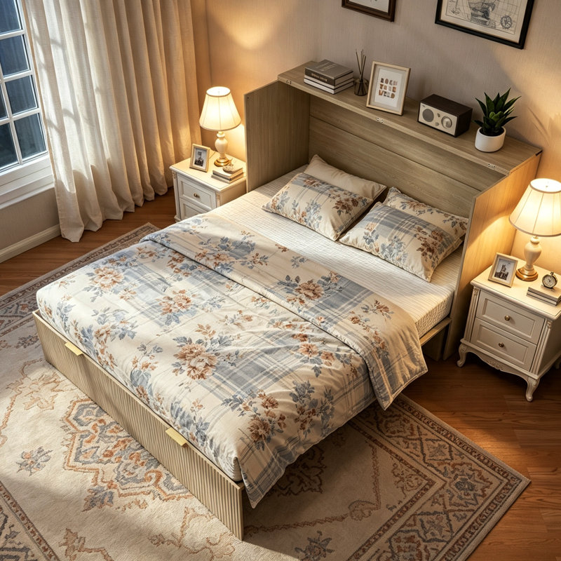 Lit escamotable Queen – Finition en bois avec station de recharge, 12 roulettes et dispositif anti-basculement. Matelas non inclus.