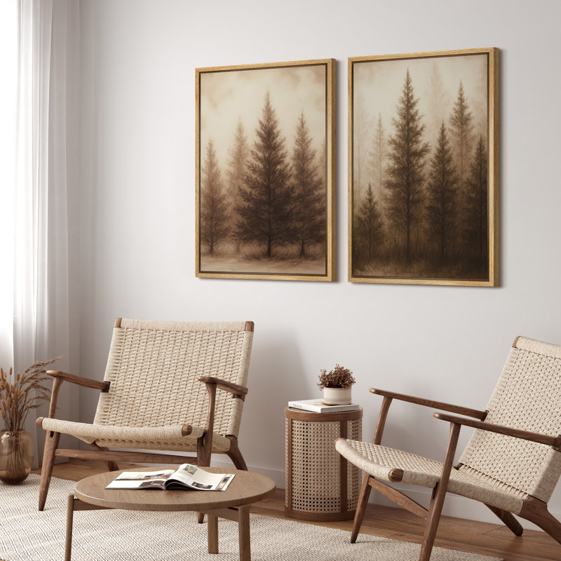Sépia, pin, forêt, duo, paysage de forêt tranquille, impression sur toile encadrée 2 pièces, Cadre naturel flottant