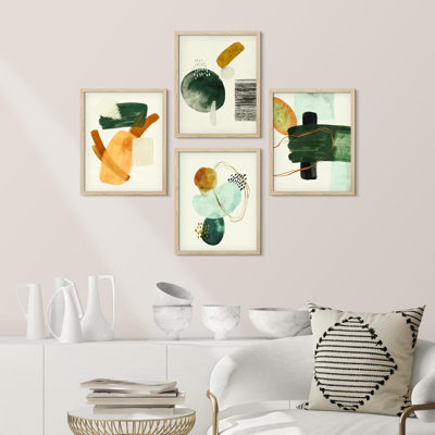 «Bathroom Decor Multicolor Mid-Century Pastel Paint Stroke Collage Abstract Shapes», impression multicolore encadrée sur papier, 4 pièces