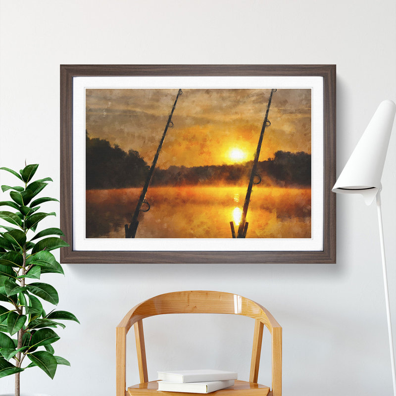 Fishing Rods and Lake - Framed Print, 48cm H x 65cm W x 2cm D, Walnut Framed