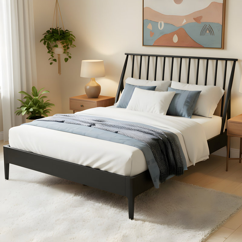 Lit plateforme en bois Mid-Century, Noir, Grand