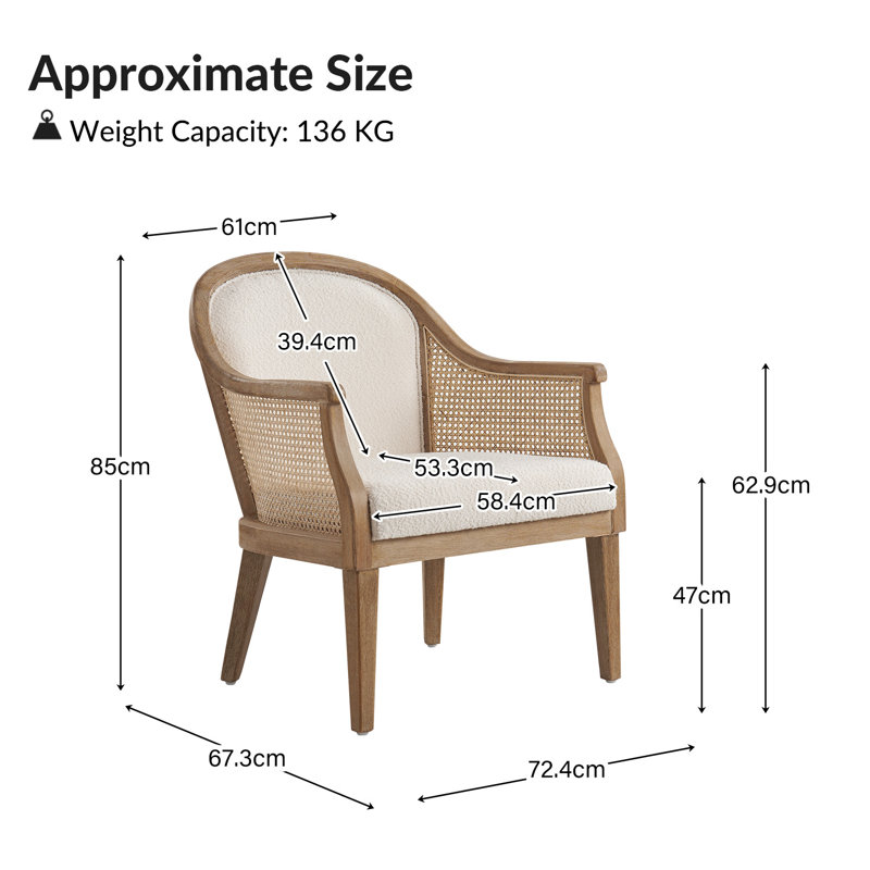 Xaver Farmhouse Boucle Rattan Solid Wood Armchair, Ivory