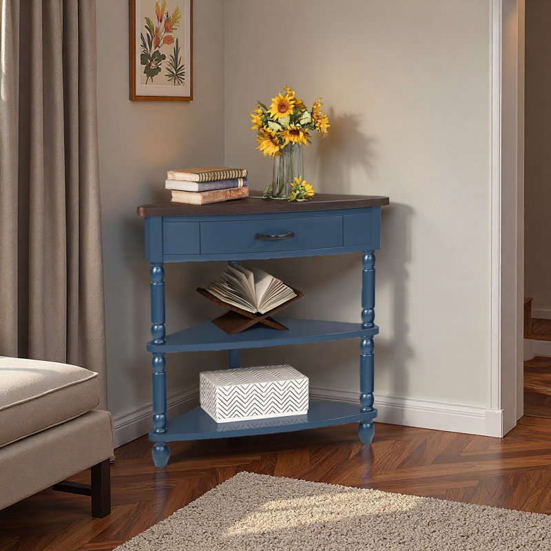 Petite table de coin triangulaire 33,8 po, table de coin en bois pour petits espaces / salon, table de bout à 3 niveaux avec pieds en bois massif