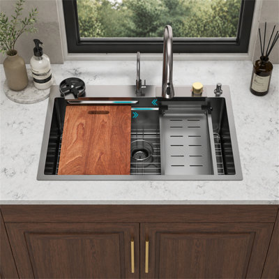 Évier de cuisine en acier inoxydable à chute d'eau de style Gunmetal - éviers de cuisine à rebord à cuve simple en acier inoxydable de calibre 16 de 33 po x 22 po x 10 po avec robinet rétractable et laveuse à gobelets