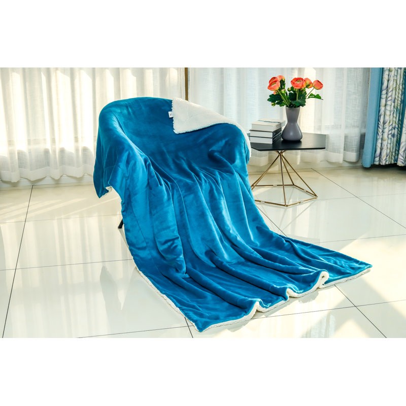 Sherpa Fleece Blanket Throw, Teal Blue, 220 x 240cm