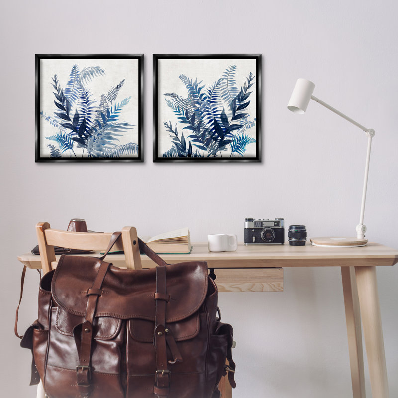 Ensemble de 2 toiles flottantes encadrées Intertwining Blue Fronds, design par Jacob Q, Cadre flottant noir de jais