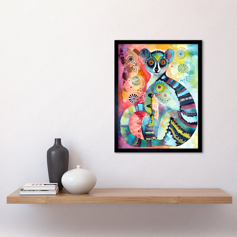 Striped Ring-Tailed Lemur Multicoloured Folk Art Watercolour Painting Art Print Framed Poster Wall Decor 12x16 inch