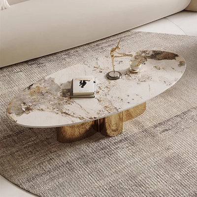 Table basse ovale en marbre de luxe avec pieds en titane doré