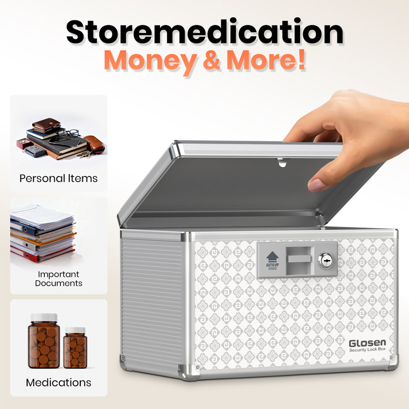 Medicine Lock Box with Key, Alluminum Alloy Box for Medication,First Aid Box with a Removeable Tray to Store Medicines & Pills for Home&Travel, Silver 12 * 7.68 * 7.87 Inch