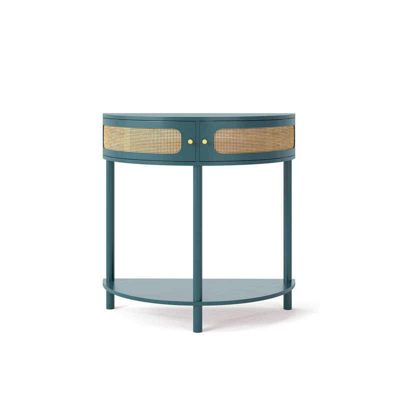 Unique Half Moon Design End Table With Sliding Rattan Door,Elegant Semi-Circle Entryway Console Table With 2 Rattan Storage Cabinet And Bottom Shelf