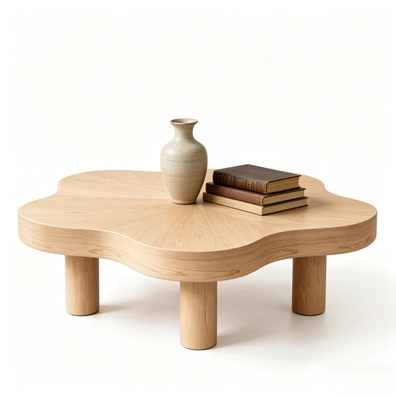 32 Inch Modern Nordic Cloud-Shaped Coffee Table | 3-Leg Solid Natural Larch Wood Center Table for Living Room & Bedroom