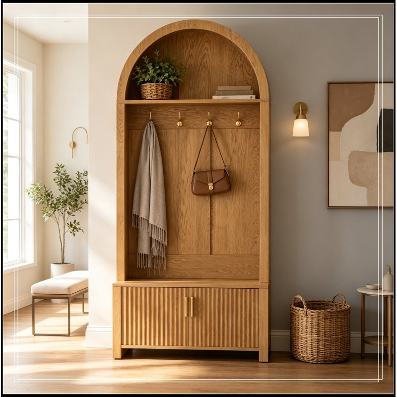 Meuble Donald à toit arqué avec banc, rangement pour chaussures, 4 crochets métalliques et 2 portes cannelées, Naturel