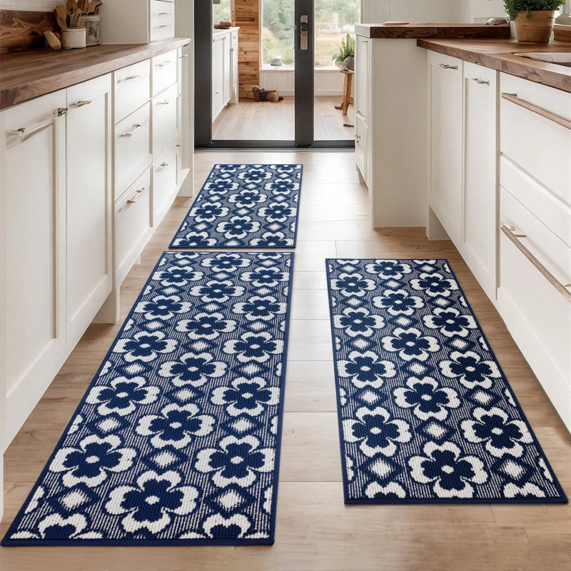  High-low Pile Non-slip Washable Kitchen Mat Runner Rug (Set of 2), Blue
