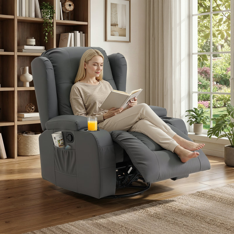 Fauteuil inclinable et pivotant à 360 ° en cuir PU avec porte-gobelets et poche latérale