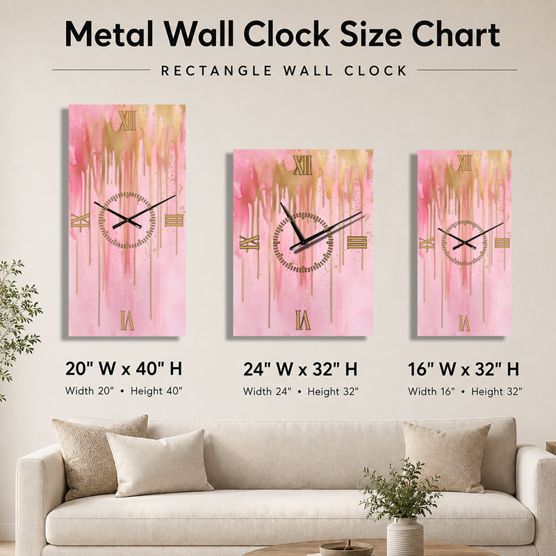 Horloge murale glamour en métal avec des gouttes d'or abstraites et des paillettes, H 40 po x l 20 po - Rectangle