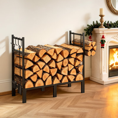 Firewood Rack 32.68 Inch Heavy Duty Indoor Fire Wood Storage Holder, for Fireplace Patio Deck, 550 lbs Load Capacity, Stacker Stand with Log Carrier Bag, Metal Wood Pile Organizer Tool, Black