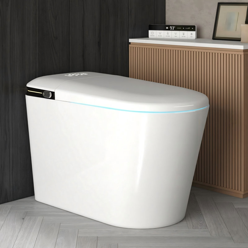 Toilette intelligente avec hauteur de fauteuil ADA, laveuse et sécheuse à bidet chaude, couvercle à ouverture / fermeture automatique, stérilisation UV, double chasse intelligente, système de parfum, chasse automatique / d'urgence, capteur de pied, télécommande
