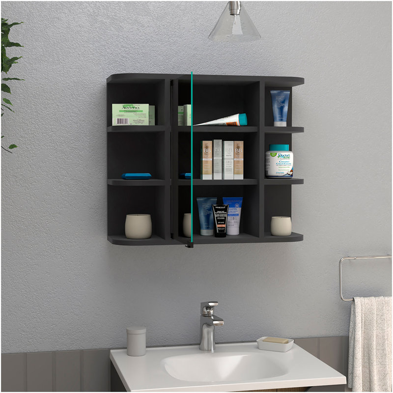 Armoire à pharmacie Milano, miroir à six tablettes extérieures, finition wengé noir, Noir