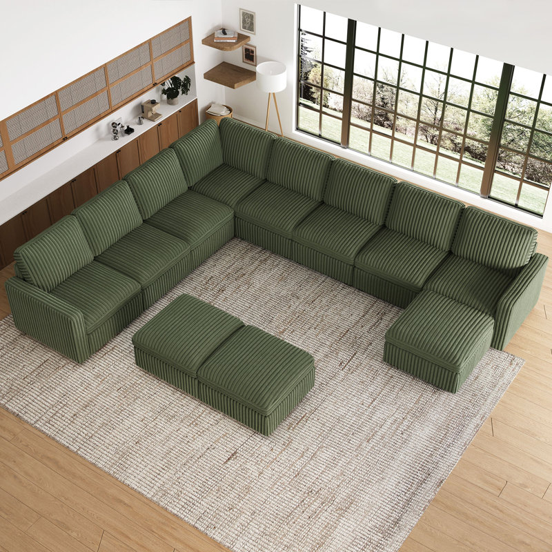 Oversized Modular Corner Sectional U Shaped Sectional Sofa With Storage Ottman, Green Corduroy