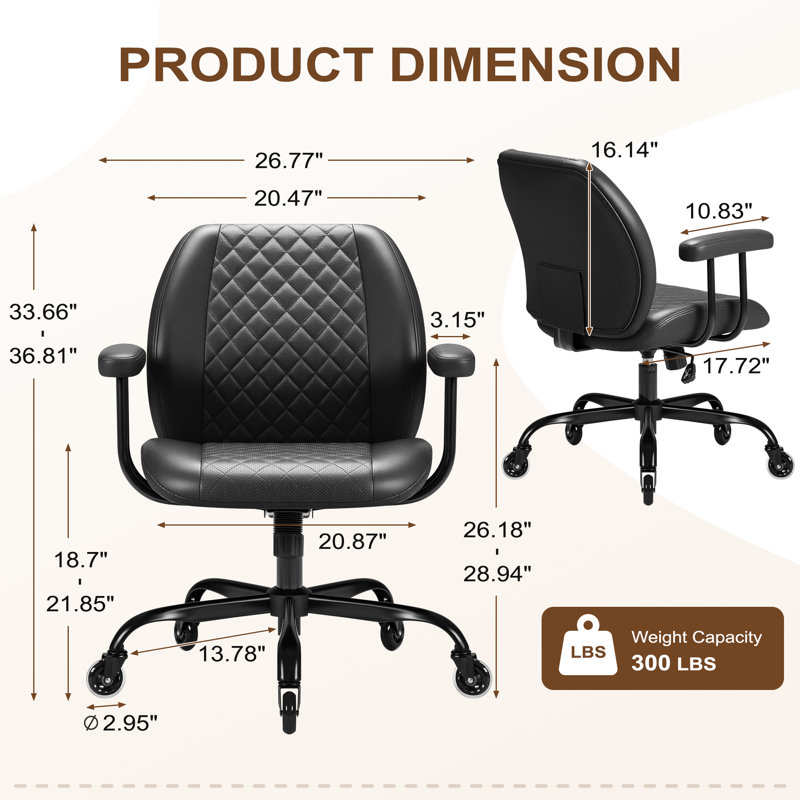 Chaise de bureau ergonomique Mid-Century moderne en cuir noir avec hauteur réglable, soutien lombaire, roulettes en caoutchouc et accoudoirs rembourrés