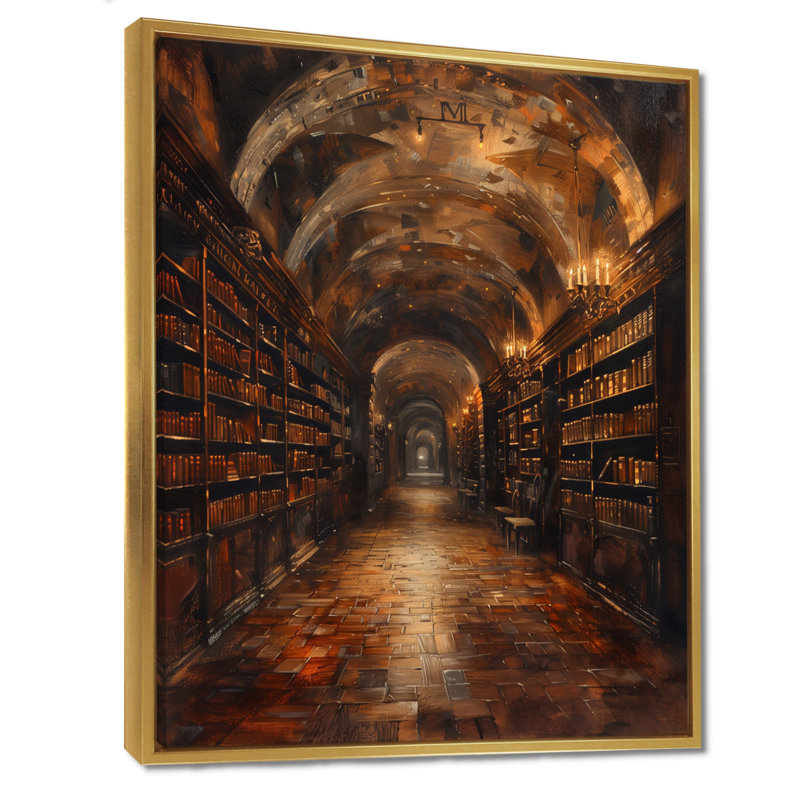 Brun bibliothèque historique, livres et bibliothèque, Cadre flottant doré, 24" H x 32" W