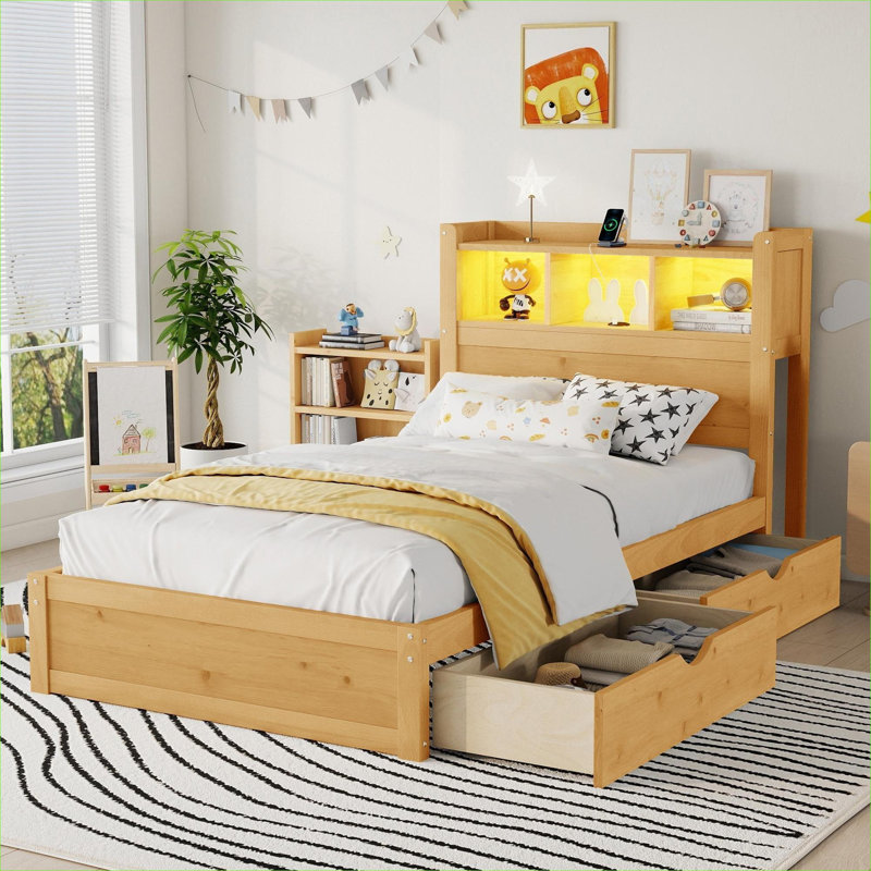 Petite chambre à coucher ou lit plateforme simple en bois massif avec rangement personnalisable et éclairage à DEL intégré, naturel chaleureux