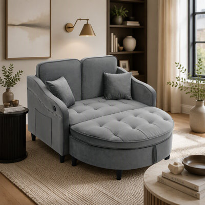 Canapé deux places avec repose-pieds incurvé avec rangement et port USB, dossier réglable et poches latérales, livré avec deux petits coussins décoratifs, idéal pour le salon