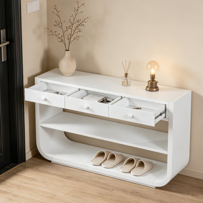 Console blanche moderne incurvée, 3 tiroirs à fermeture en douceur et 2 tablettes ouvertes, table d'entrée en bois massif pour le vestibule du salon