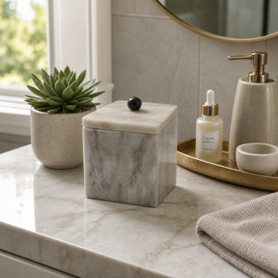 Modern Square Marble Decorative Box with Lid for Home Living Room - Contemporary Storage Organizer Keepsake Accent for Entryway Decor - 5", Tan & Brown