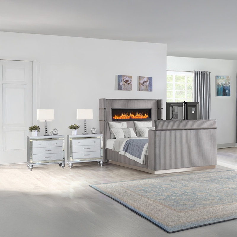 Jianu King 3 pièces gris, Très grand lit, Gris, 3 pcs: Bed, 2 Nightstands