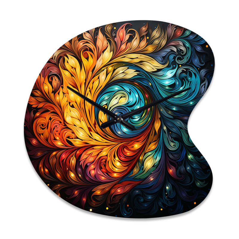 Art indien coloré, Mystic Rangoli III - horloge murale en métal de forme unique, impression d'horloge asymétrique, Grand