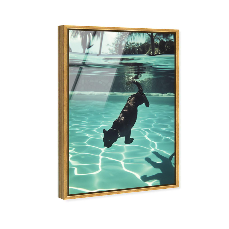 Oliver Gal Panther Swim Animals - Framed Acrylic Glass Wall Art, 24" H x 16" W, Gold