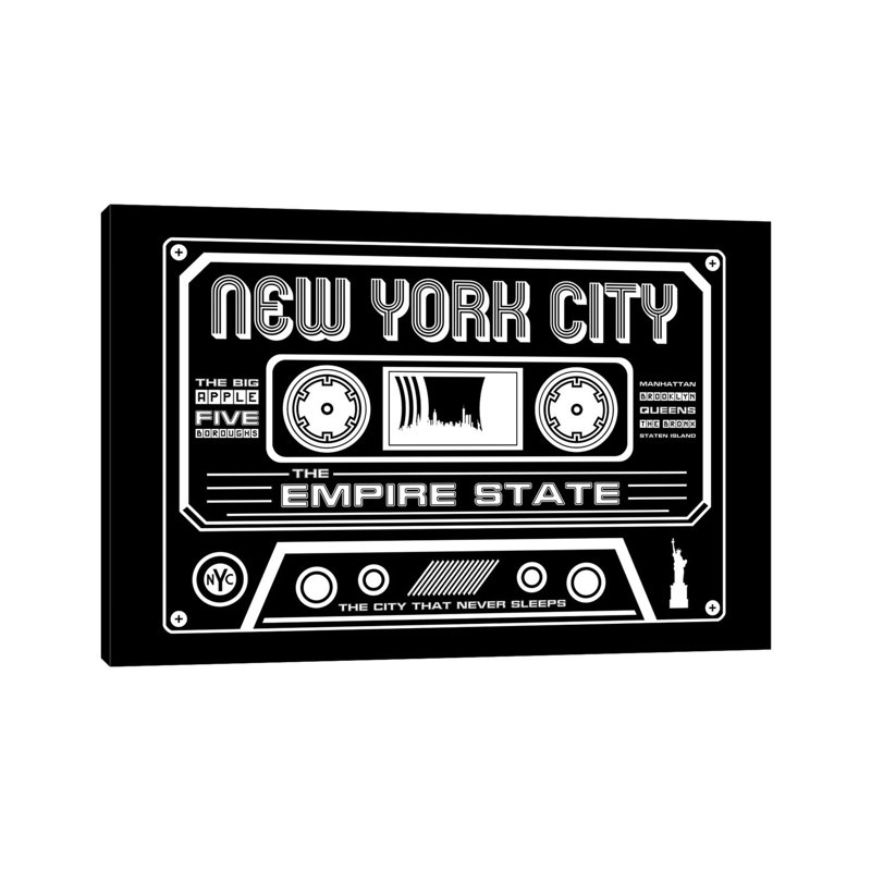 New York City Cassette - Dark Background - Print on Canvas, 20.32cm H x 30.48cm W x 1.91cm D, Wrapped Canvas