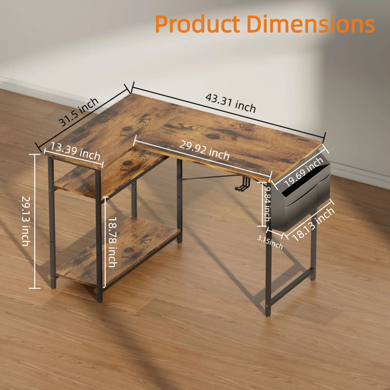Bureau d'ordinateur en forme de L de 44 pouces avec sac de rangement et 2 tablettes réglables, bureau d'angle peu encombrant avec crochet pour casque, table de bureau à domicile réversible avec rangement pour petits espaces, bureau et travail à distance, brun