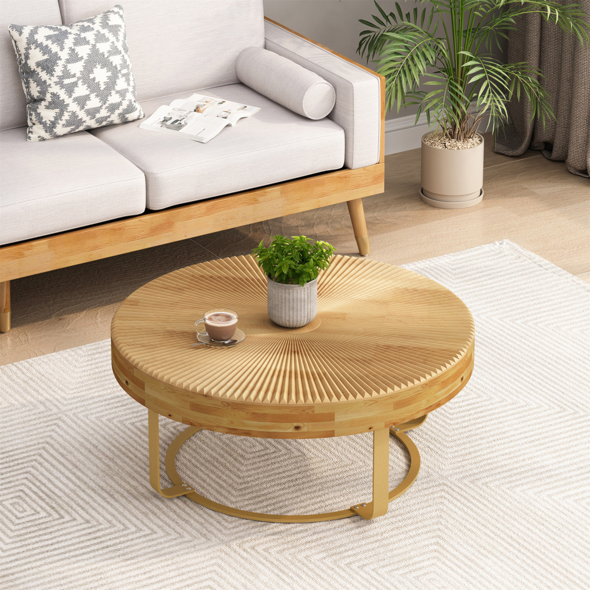 HLILish Modern Round Coffee Table Wooden Carving Pattern Coffee Table ...