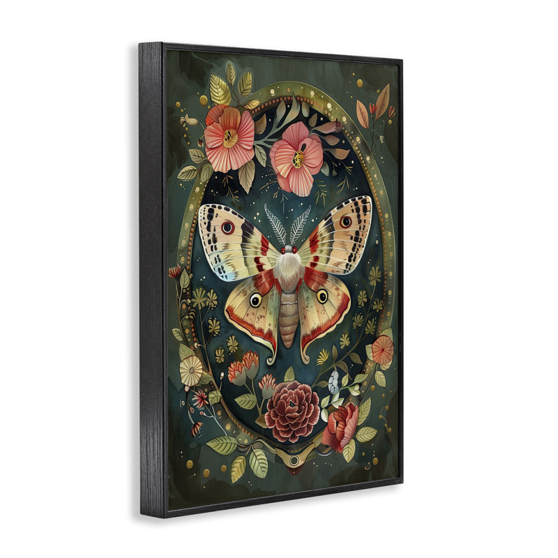 Victorian Moth & Florals, giclée encadrée, design par The Dutch Lady, H 24 po x l 16 po, Giclée encadrée noir minuit