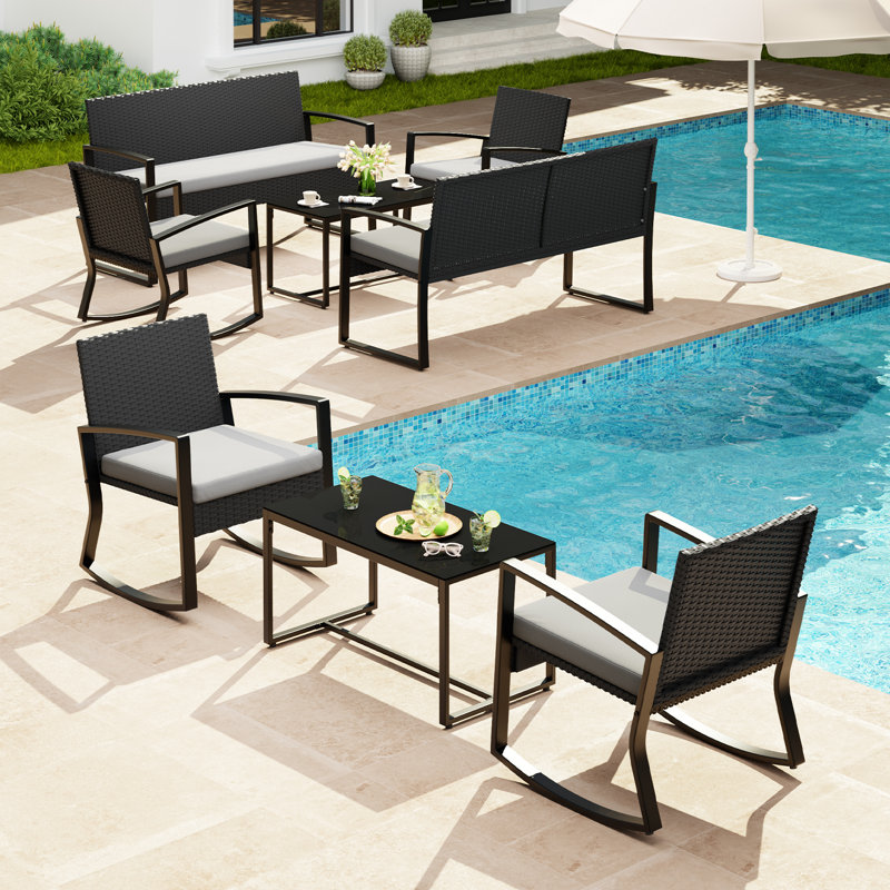 Ensemble de conversation de terrasse en osier pour 8 personnes avec coussins, causeuse, chaises berçantes et table basse