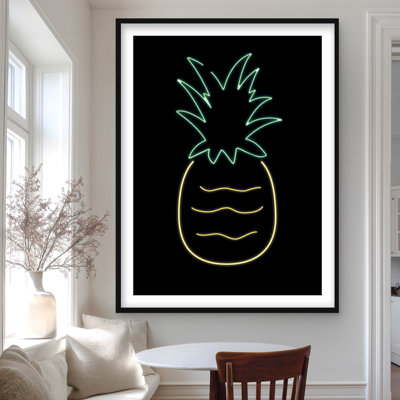 Neon Pineapple - Black Framed Matted Print for Home Decor