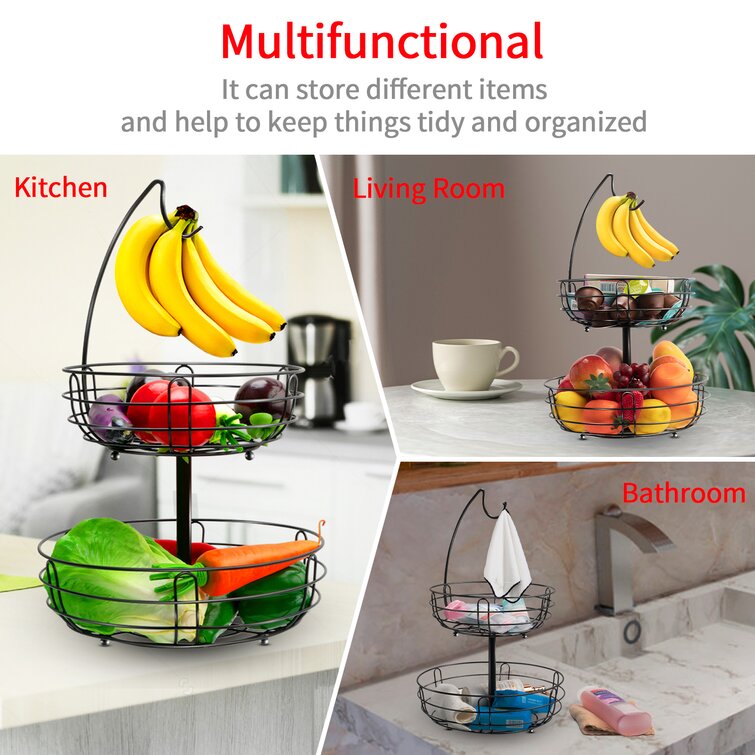 2 Tiers Metal Fruit Stand Vegetables Basket with Banana Hanger Countertop Fruit Basket Bowl Storage for Kitchen Home Ebern Designs