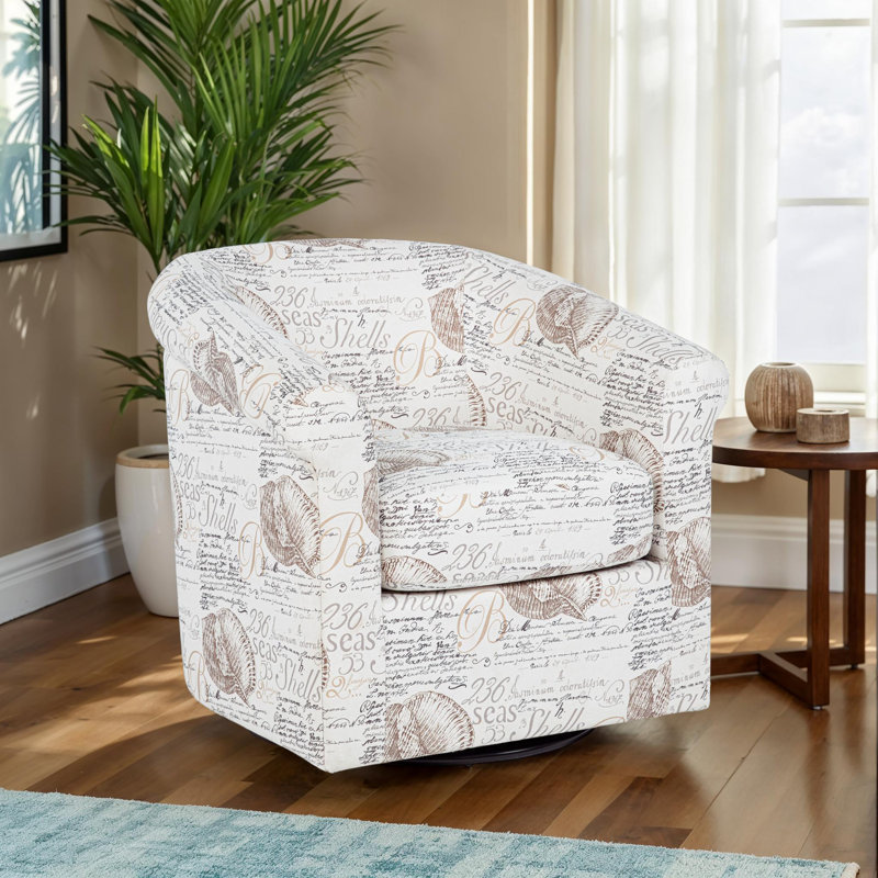 Meigs Upholstered Swivel Coastal Barrel Club Chair, Blue/White