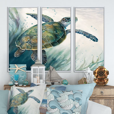 " Watercolor Turtle Swimming I " 3 - Pieces